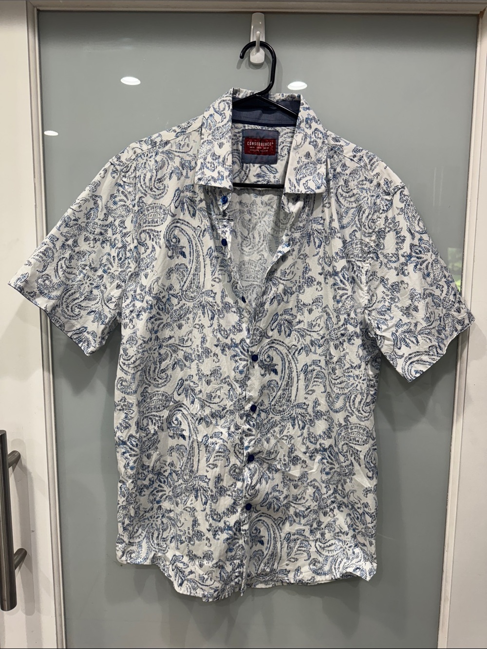 Consequence Men's Blue White Paisley Polo Short Sleeve Shirt Button Down XL